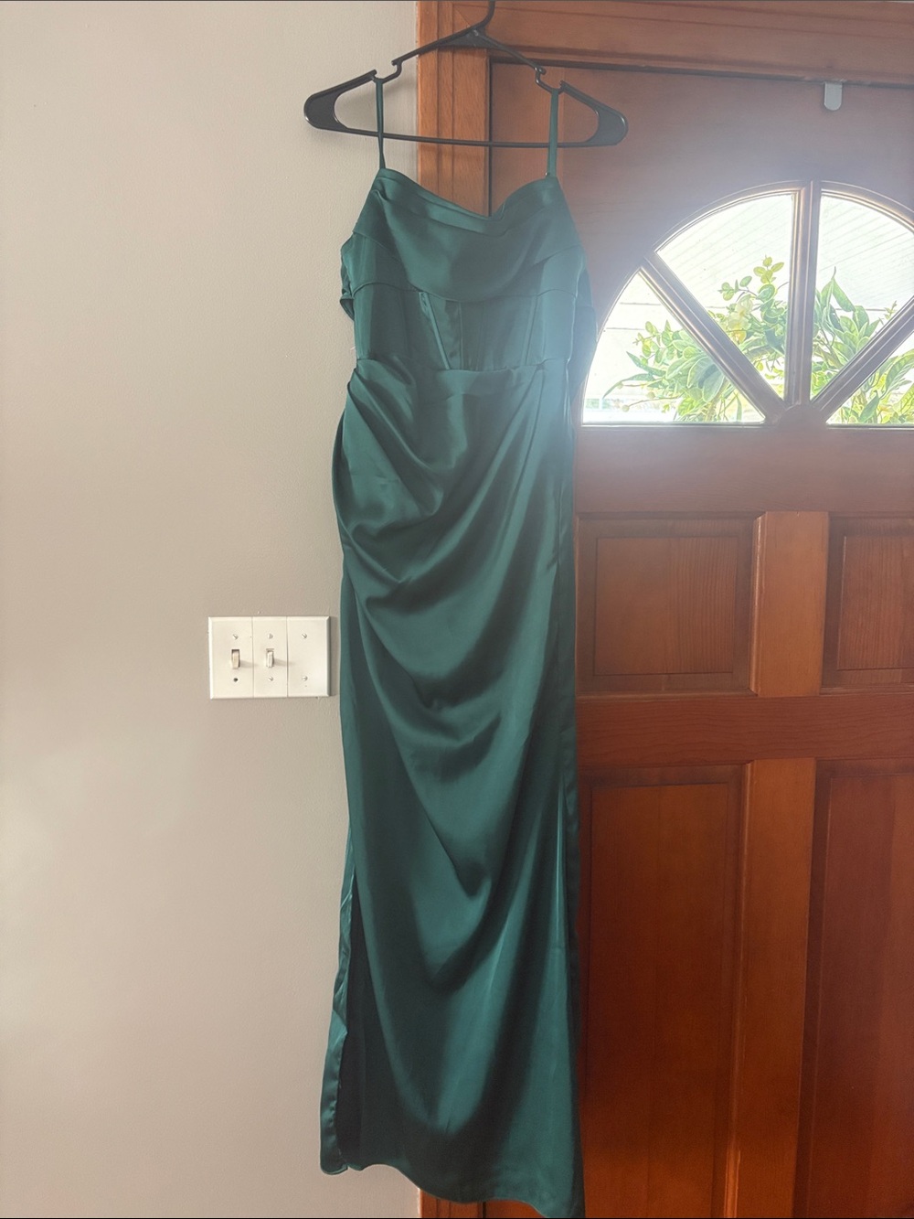 Azazie Emerald Satin Maxi Slip Dress with Spaghetti Straps